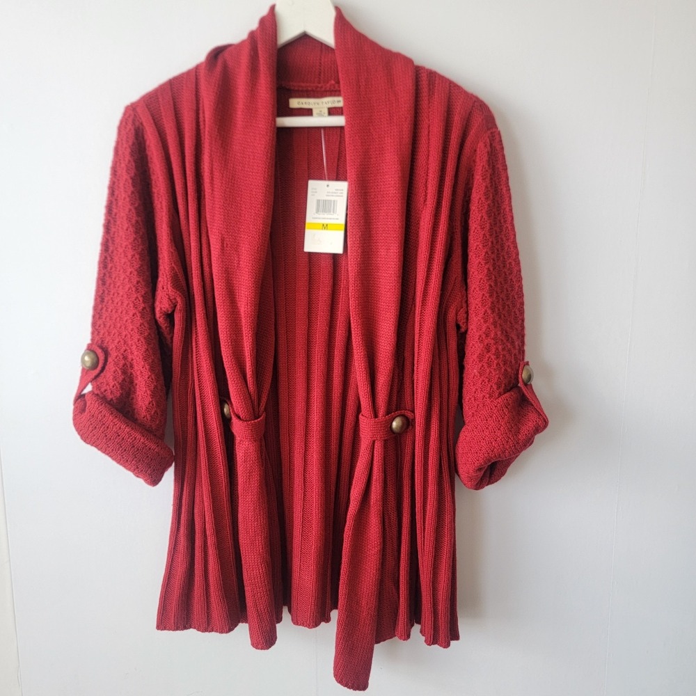 carolyn taylor open-front knit cardigan sz M draped shawl button-tab sleeve